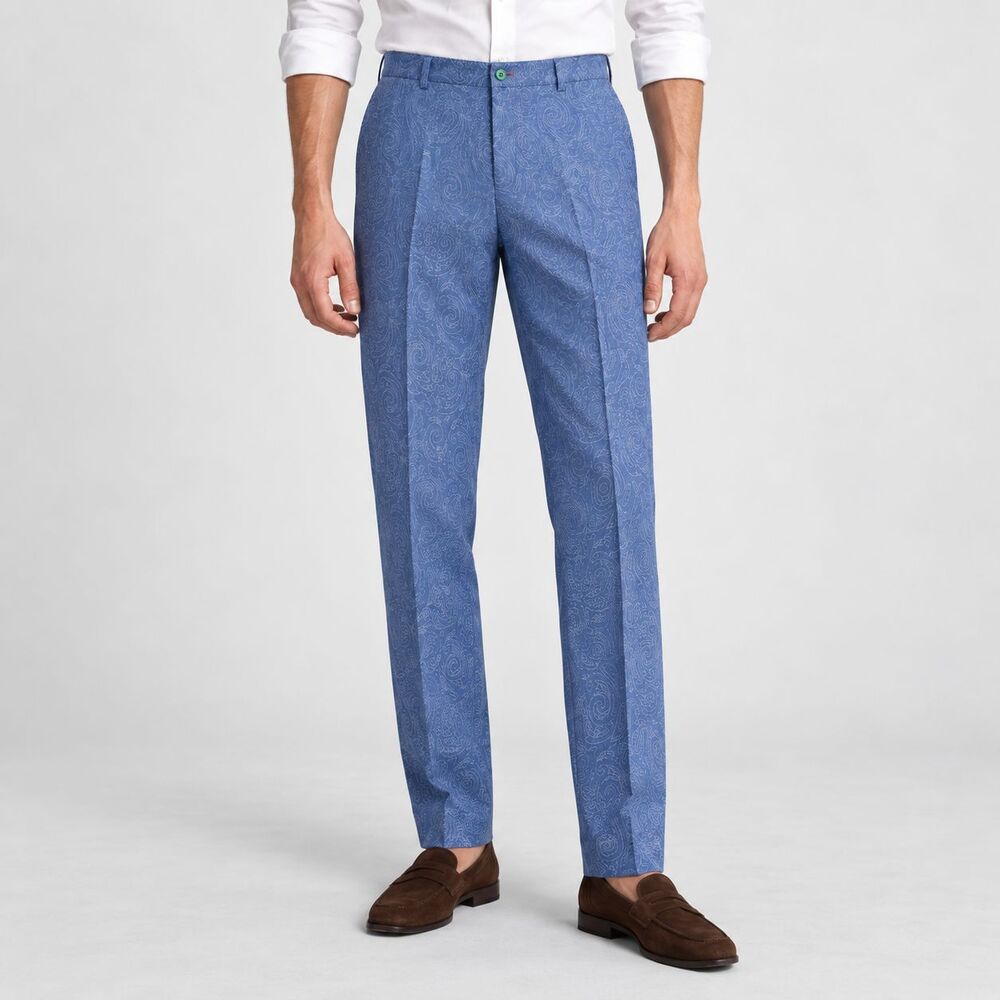 Mens 36 Blue Paisley Cotton Slim Fit Flat Front Dress Pants Handmade Trousers